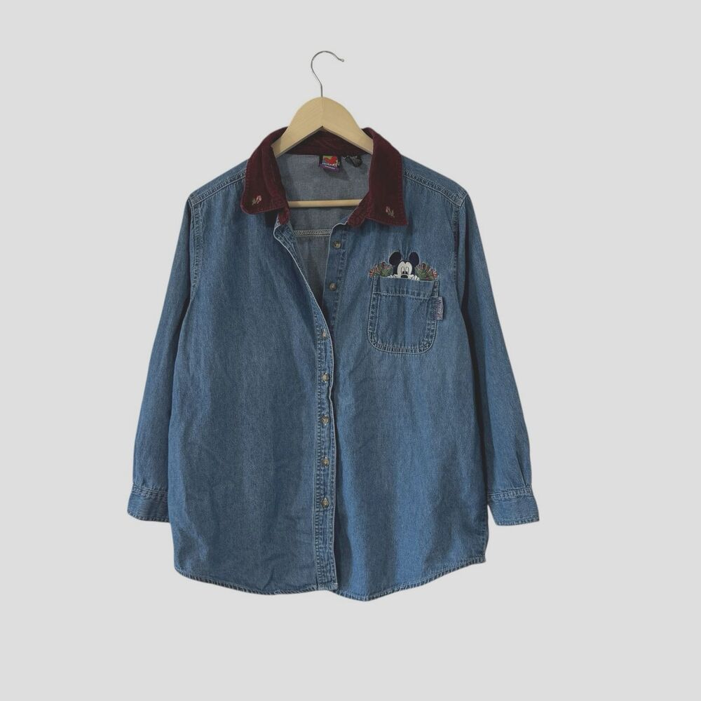 Mickey Unlimited Woman 14 W Button Up Shirt Embroidered Mickey Denim Womens READ